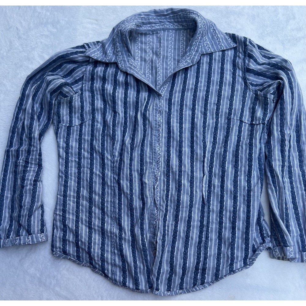 Vintage Reverable Women's SP Blue Stripe & Floral Button Down Blouse Shirt EUC